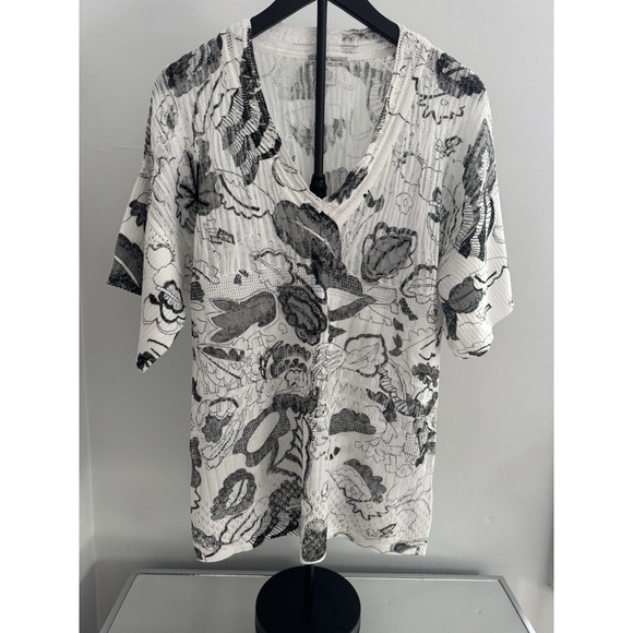 Alberto Makali Tops - Alberto‎ Makali Artsy Mesh Floral Top XL Black White Semi Sheer Stretch